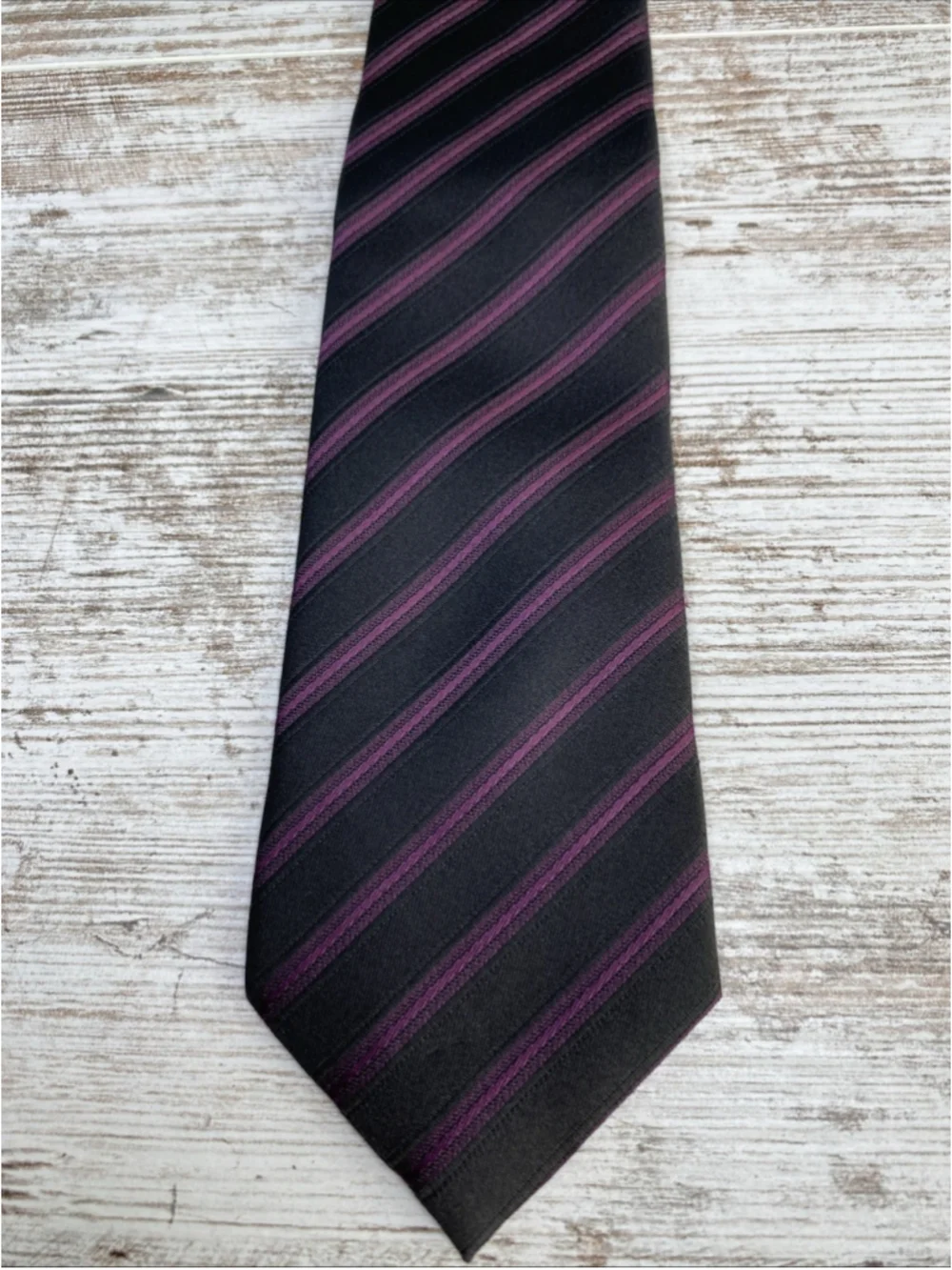 Dunnes Stores Slim Tie Black Purple Stripe Short 48” Youth Boys Skinny Necktie
